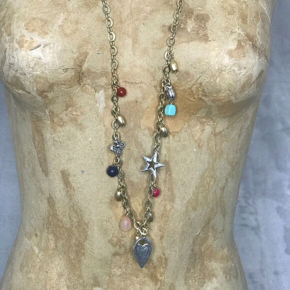 Chicos Necklace Brushed Gold Tone Chain Beaded Ladybug Star Heart Butterfly - Picture 2 of 4